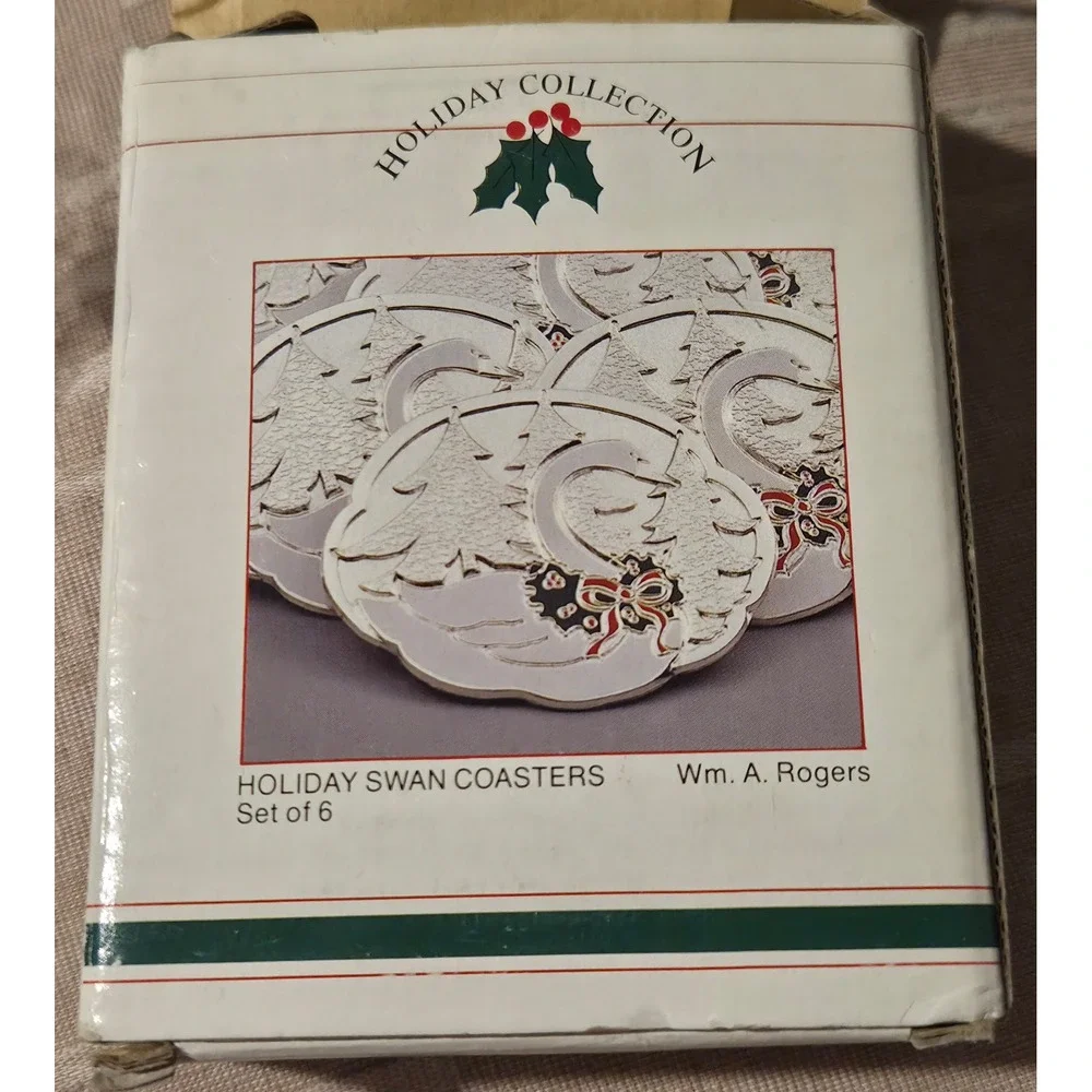 Wm. A.‎ Rogers Holiday Swan Coasters Set of 6 Silverplate Enamel Oneida 011 7601